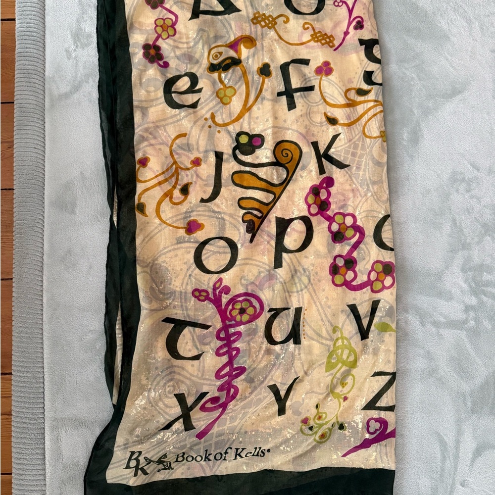 Beige Alphabet Silk Scarf with Black Trim